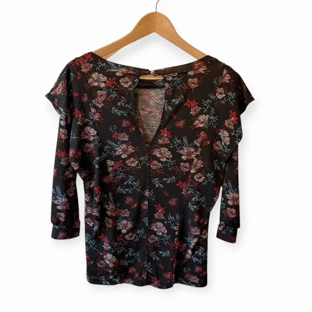 Free People XS Black Floral 3/4 Sleeve Keyhole Back Relaxed Boho Top